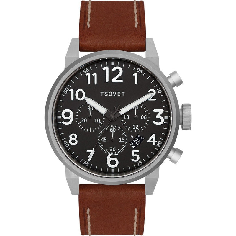 Tsovet JPT-TS44 Silver & Black Chronograph Watch | Brown Leather