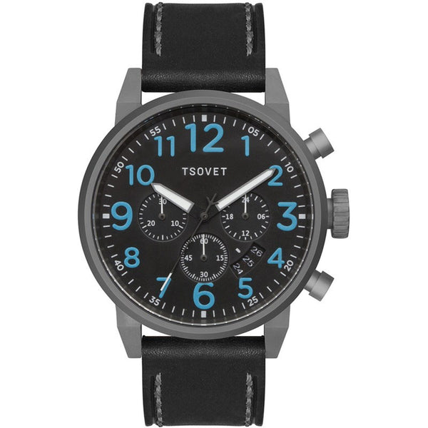 Tsovet JPT-TS44 Japan Quartz Silver & Black Chronograph Watch | Black Leather