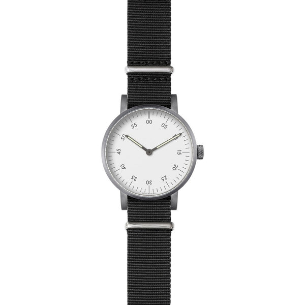 VOID V03B Brushed Round Basic White Watch | Black Nylon V03B-BR/BL/WH