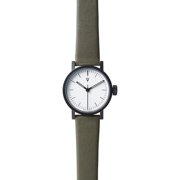  VOID Satin Black Round White Petite Watch | Olive leather V03P-BL/OL/WH