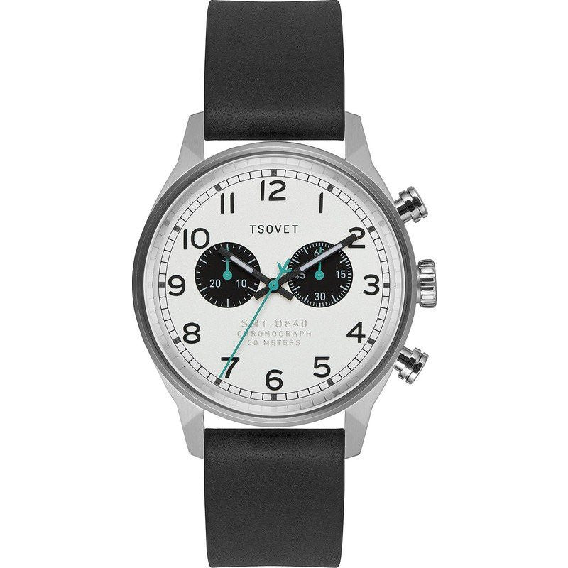 Tsovet SVT-DE40 Chronograph Steel & White Watch | Black Leather DE110110-40