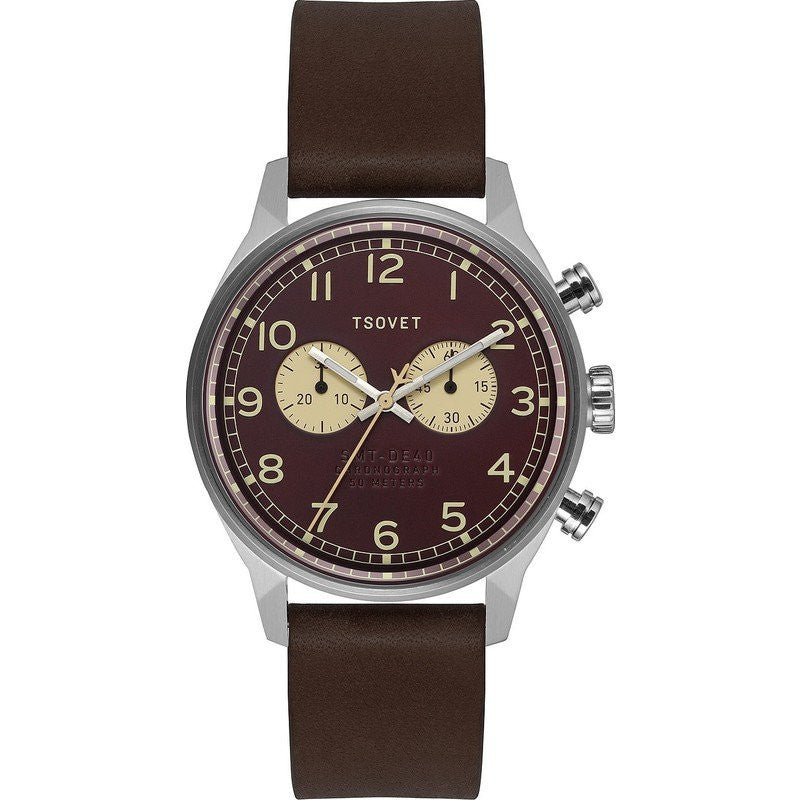 Tsovet SVT-DE40 Chronograph Silver & Burgundy Watch | Brown Leather DE113012-43