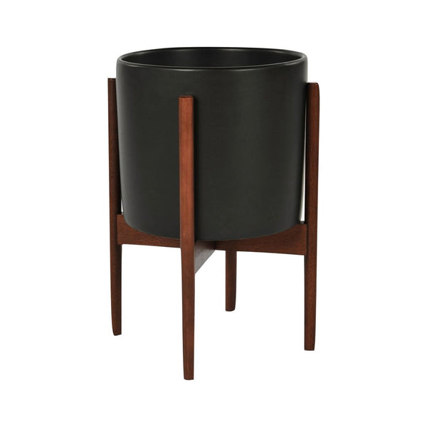 Modernica Ceramic Small Cylinder Planter | Charcoal / Wood Stand CER-W-CYL-11.5-10-BWA-BLK