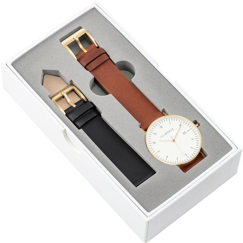 The Horse D-Series Brushed Gold Watch Gift Box Set | Black + Tan 