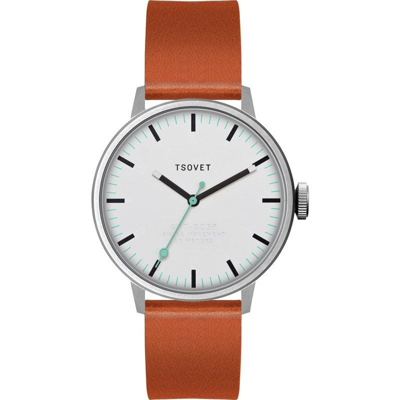 Tsovet SVT-SC38 Steel & White Watch | Tan Leather SC111513-40