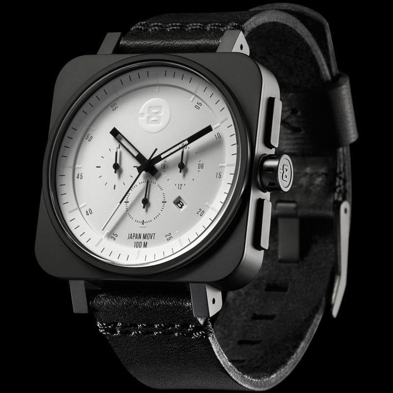 Minus-8 Square Black/White Chronograph Watch | Leather