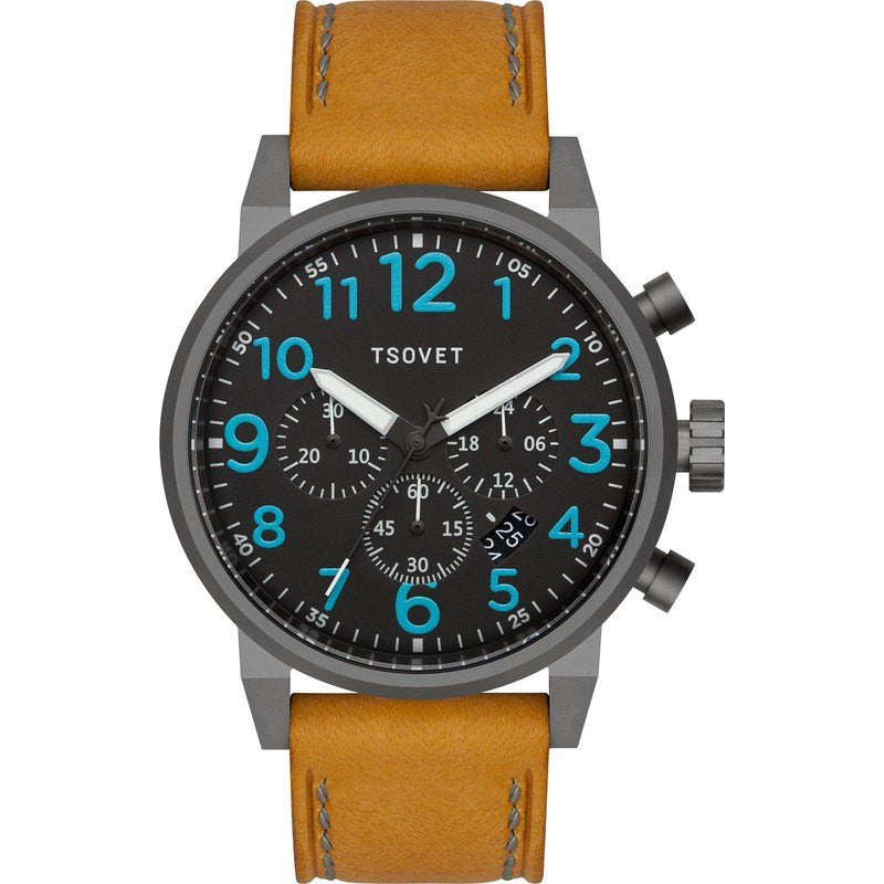 Tsovet JPT-TS44 Gunmetal & Black Chronograph Watch | Tan Leather
