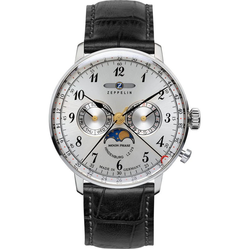 Zeppelin Hindenburg Watch with Moonphase Indicator | Silver & Black Leather 7036-1 or 7037-1
