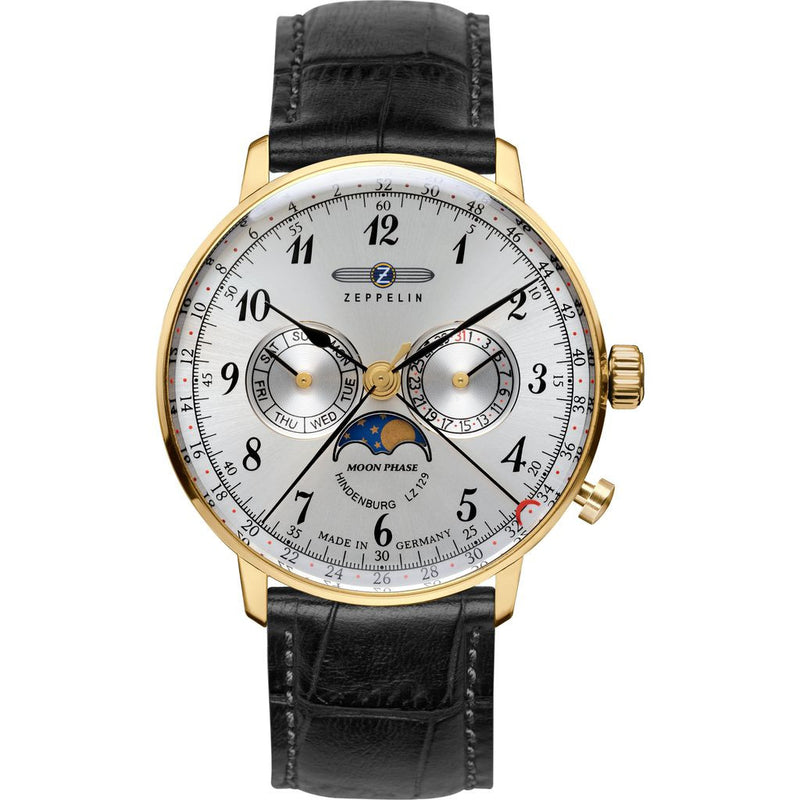 Zeppelin Hindenburg Watch with Moonphase Indicator | Gold Case & Black Leather 7038-1