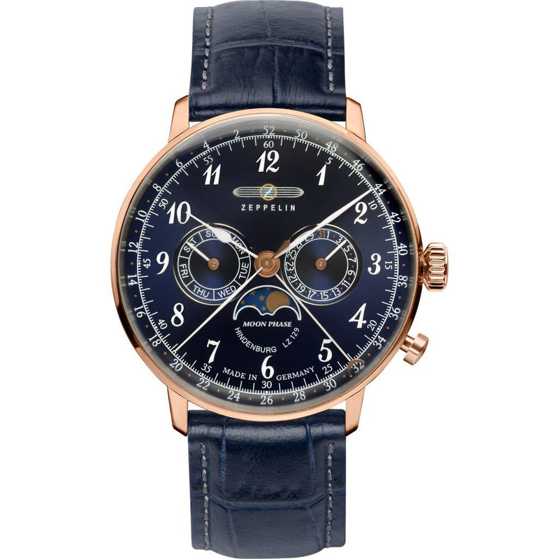 Zeppelin Hindenburg Watch with Moonphase Indicator | Rose Gold Case & Blue Leather 7038-3 or 7039-3