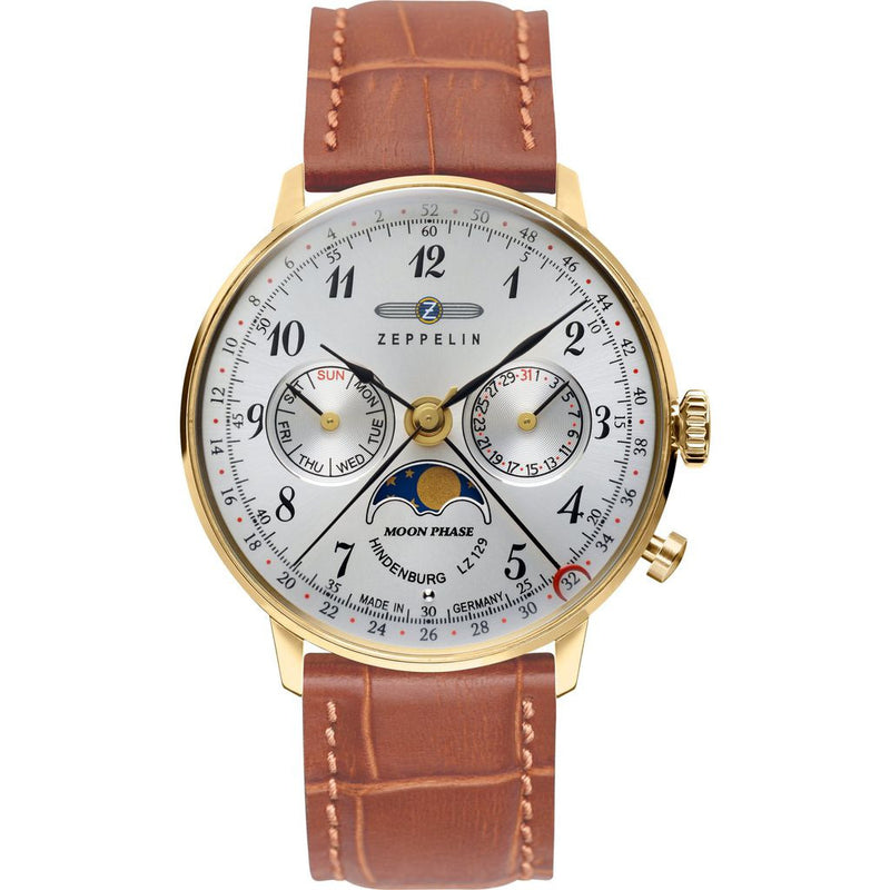 Zeppelin Hindenburg Watch with Moonphase Indicator | Gold Case & Light Brown Leather 7039-1