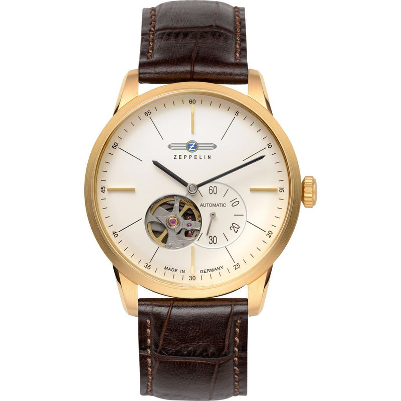 Zeppelin FlatLine Open Heart Watch | Gold Encased Beige & Brown Leather 7362-1