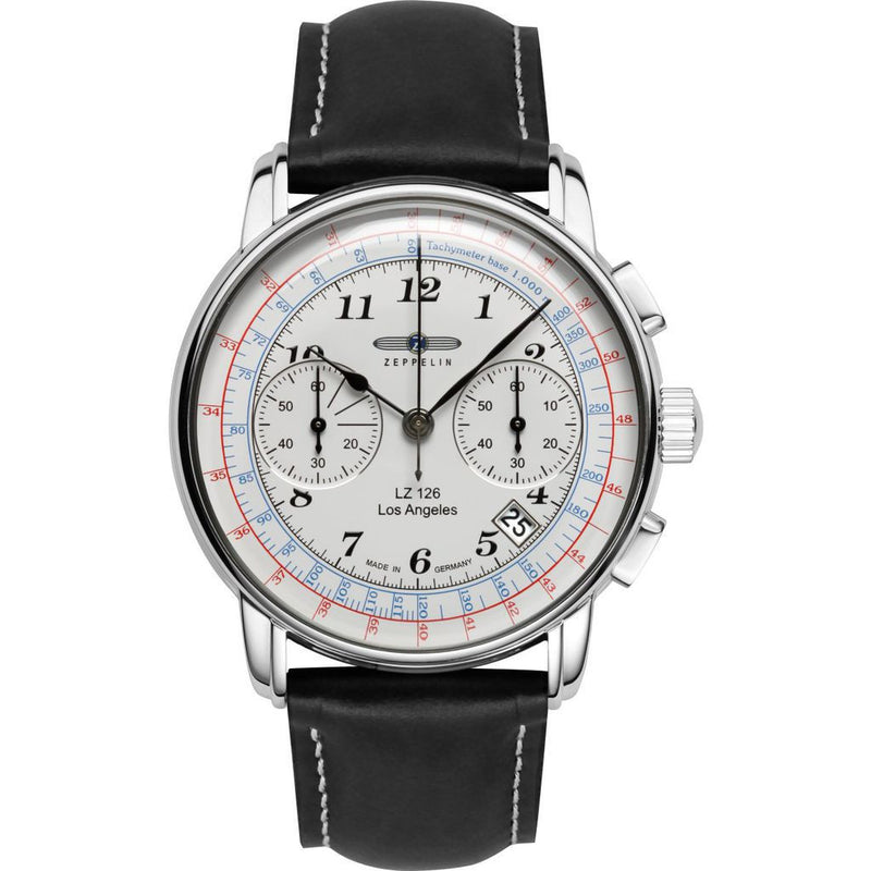 Zeppelin LZ-126 Los Angeles Chronograph Watch | White & Black Leather 7614-1
