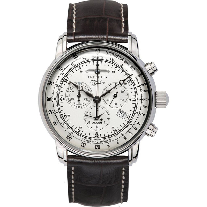 Zeppelin 100 Years Chronograph Watch | Silver & Black Leather 7680-1
